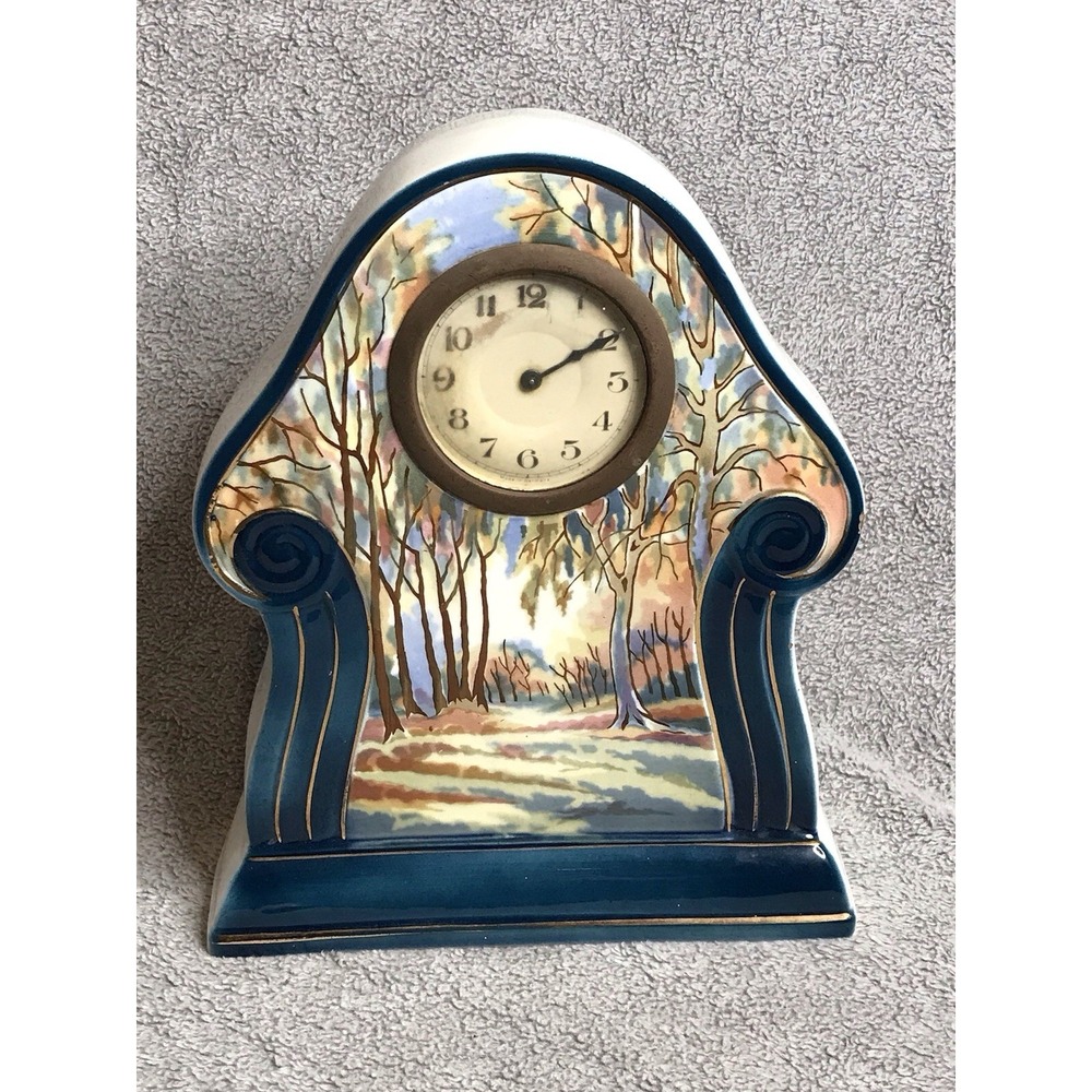 Vintage Landscape Painted Pottery Mantle Clock Germany Decor Art Nouveau‎